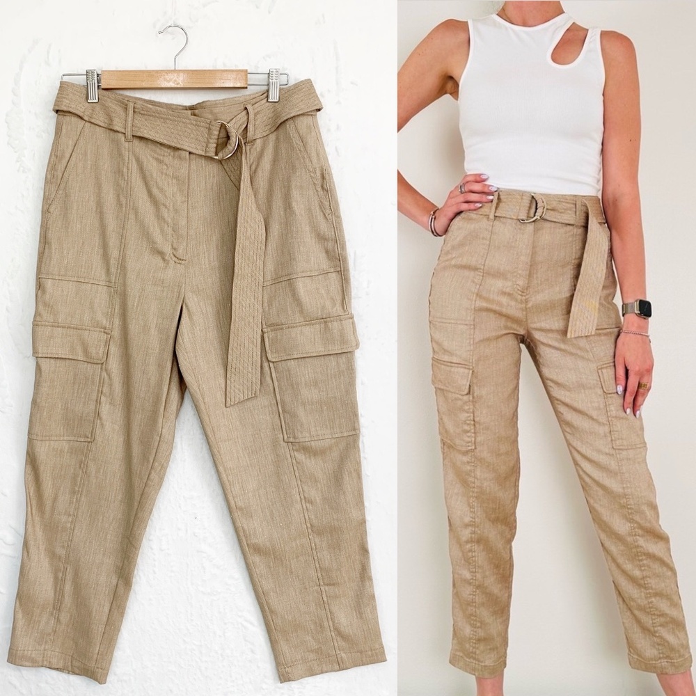 WHBM Linen Blend Belted Tapered Ankle Utility Trouser Pants Sz 12 SHORT